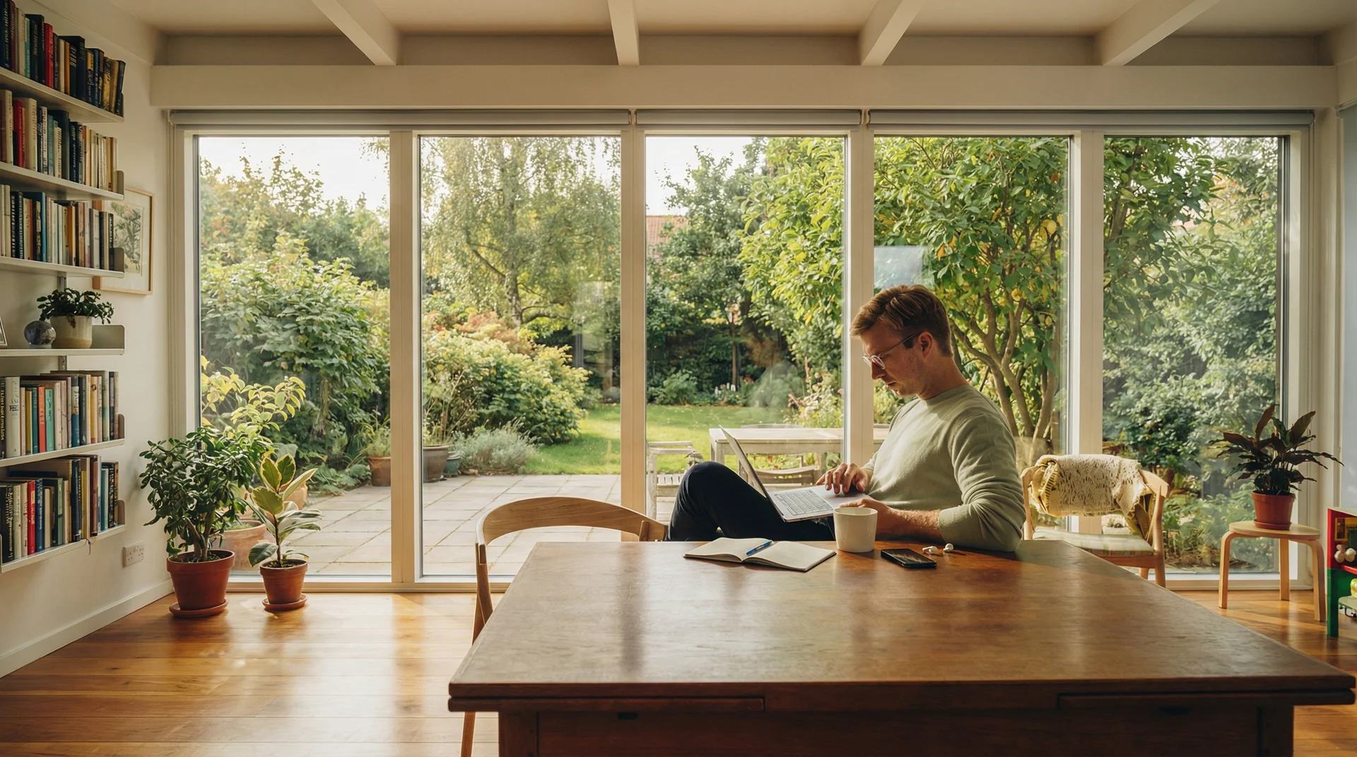 A person working on a laptop at a wooden table in a bright room that opens onto a garden
